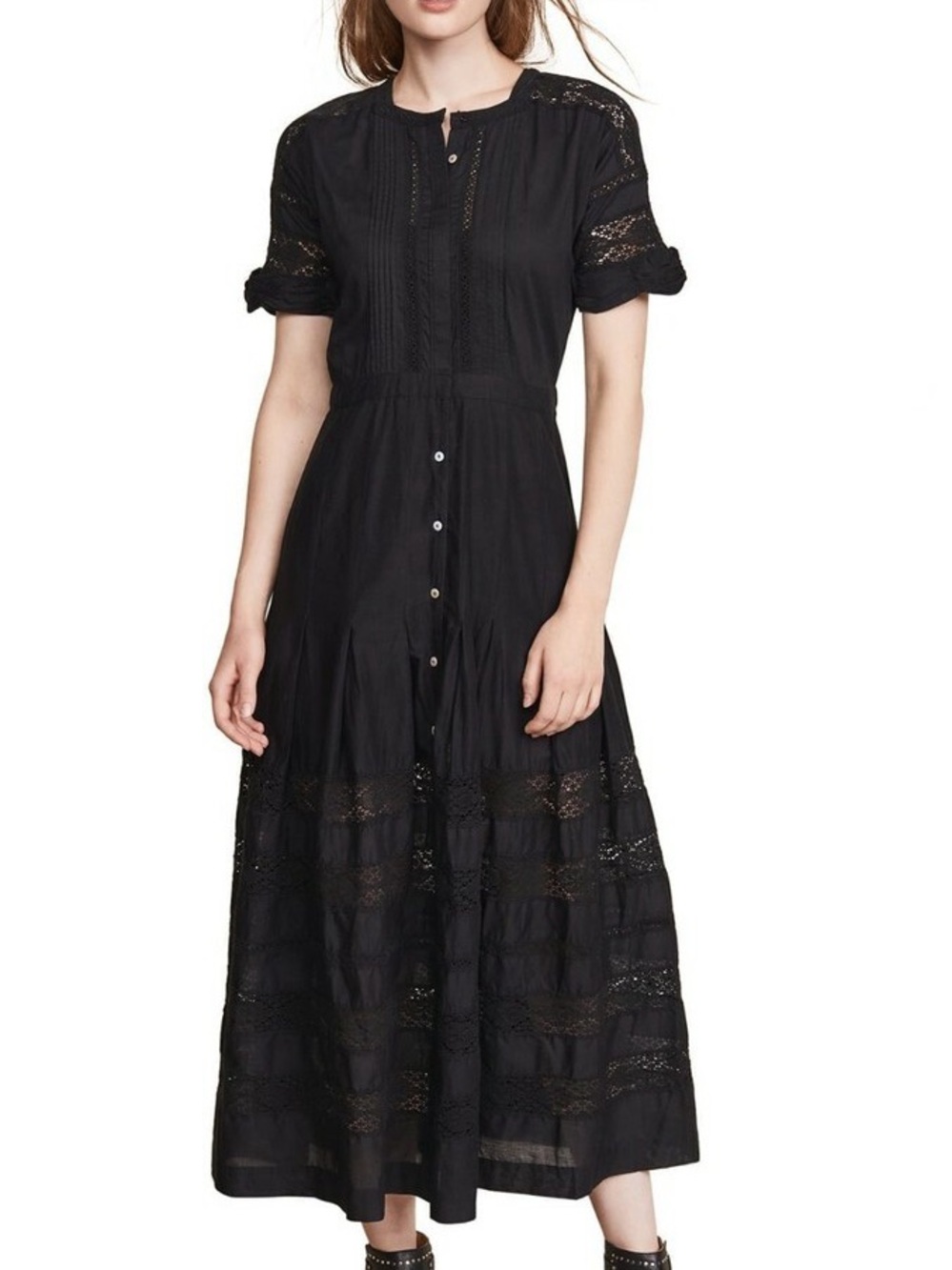 LoveShackFancy Edie Black Button-Front Crochet Maxi Dress